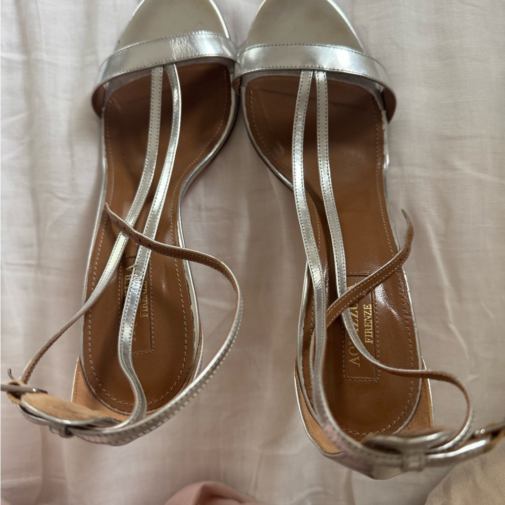 Aquazzura Silver Sandals with Strappy Design and Stiletto Heel